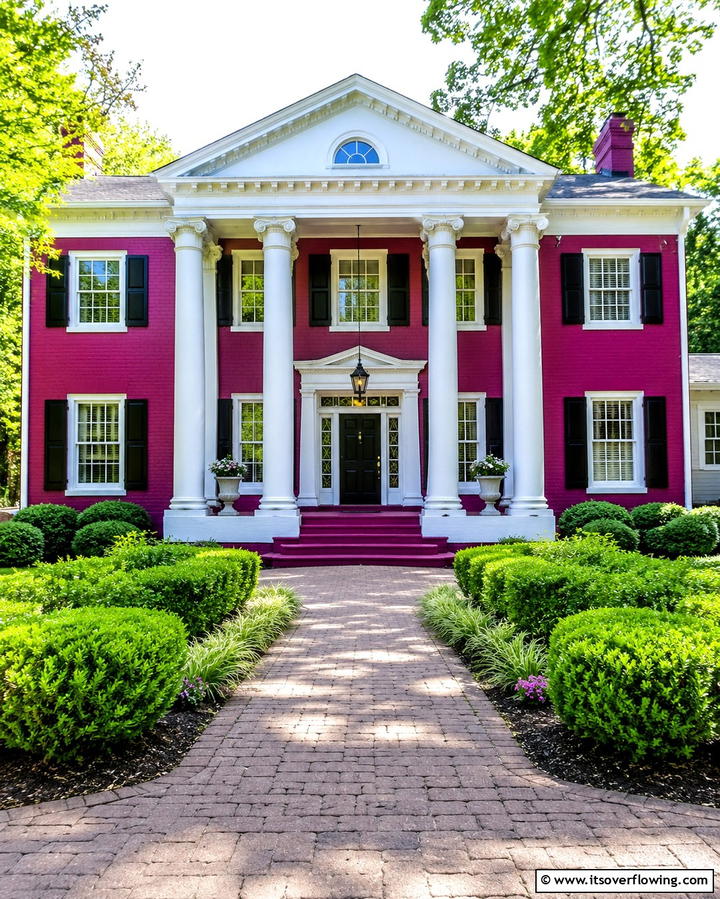 Magenta Pink with White Columns - 25 Pink House Exterior Ideas for a Charming Look