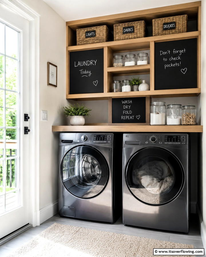 Magnetic Chalkboard Shelves for Laundry Notes - 30 Laundry Room Shelf Ideas- Maximize Storage & Efficiency