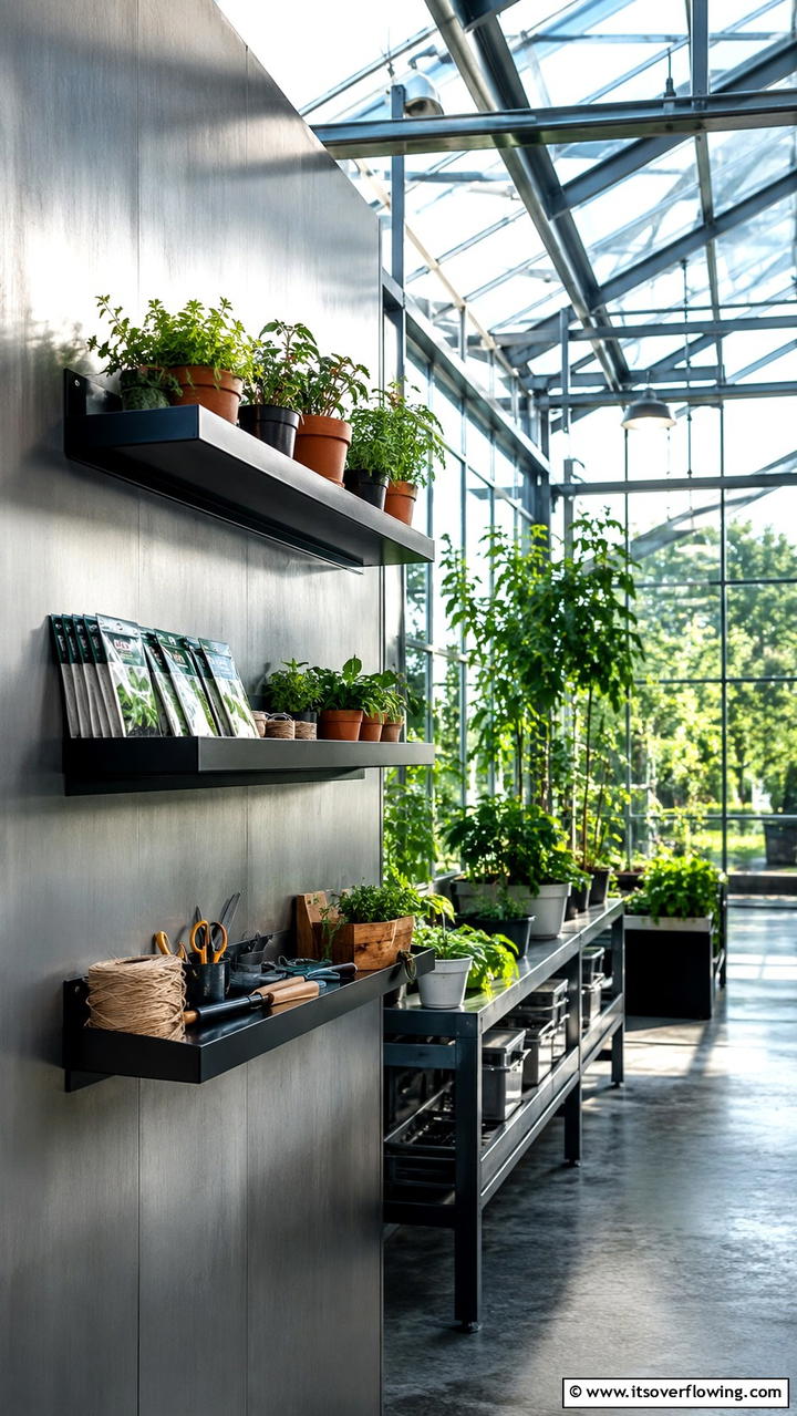 Magnetic Wall Mounted Shelves - 30 Greenhouse Shelving Ideas- Organized Plant Storage
