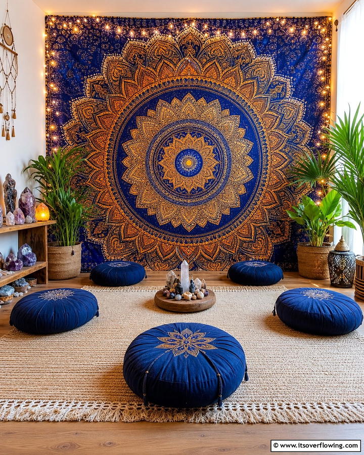 Mandala Tapestries for Artistic Inspiration - 20 Boho Meditation Room Ideas- Tranquil Retreats