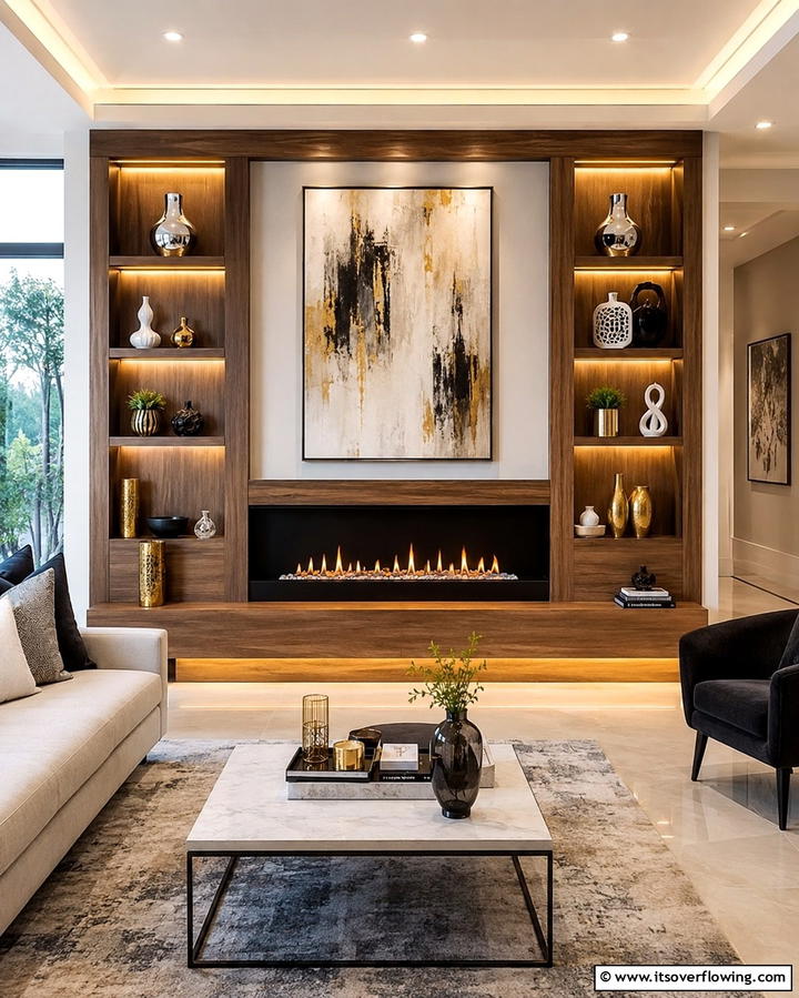 Mantel with Integrated Lighting - 20 Wood Mantel Ideas for a Cozy and Stylish Fireplace