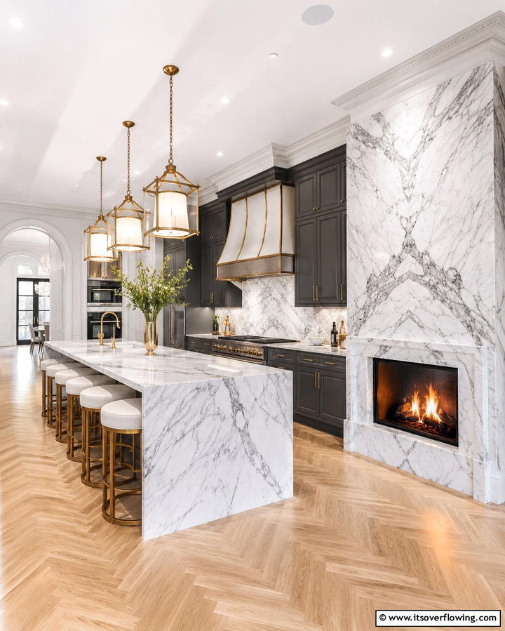 Marble Clad Elegance - 25 Kitchens With Fireplaces for a Unique Cooking Space