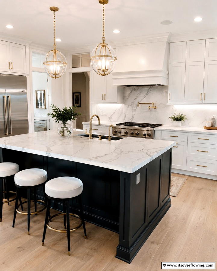 Marble Countertop Elegance - 20 White Kitchen Ideas With Black Island for Contrast