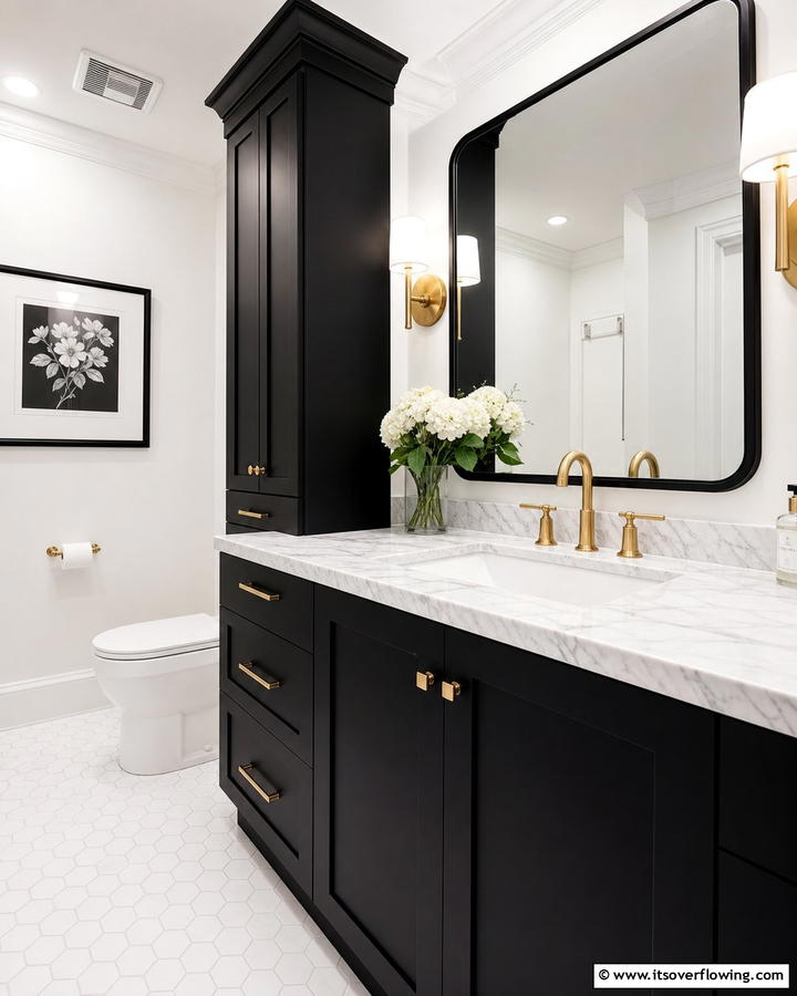 Marble Countertop with Black Cabinetry - 20 Black and White Powder Room Ideas for a Classic Style