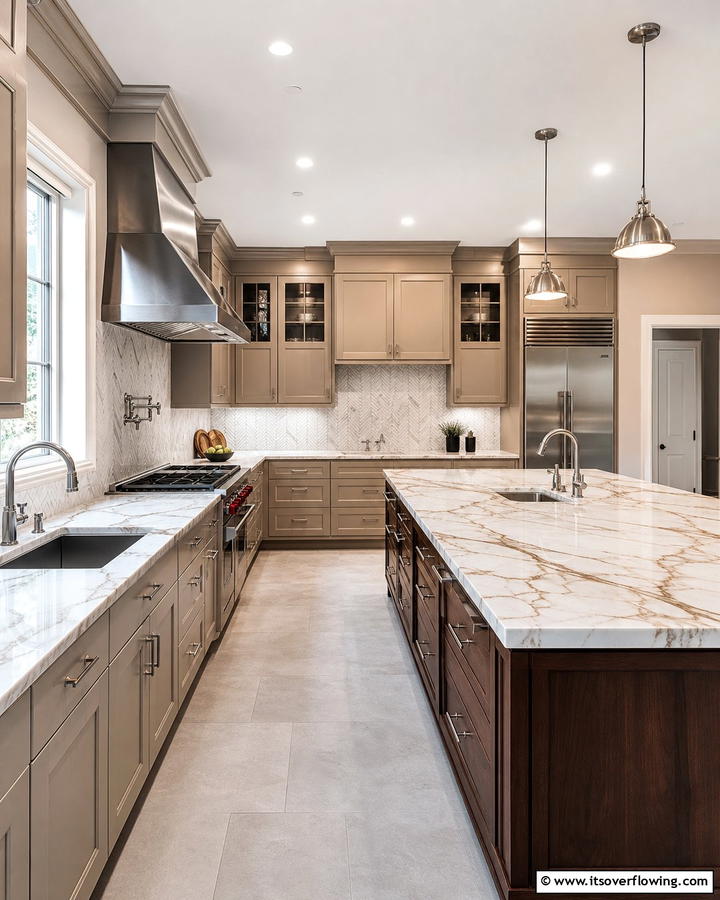 Marble Countertops with Brown Veins - 20 Brown Kitchen Ideas to Create a Cozy and Stylish Space