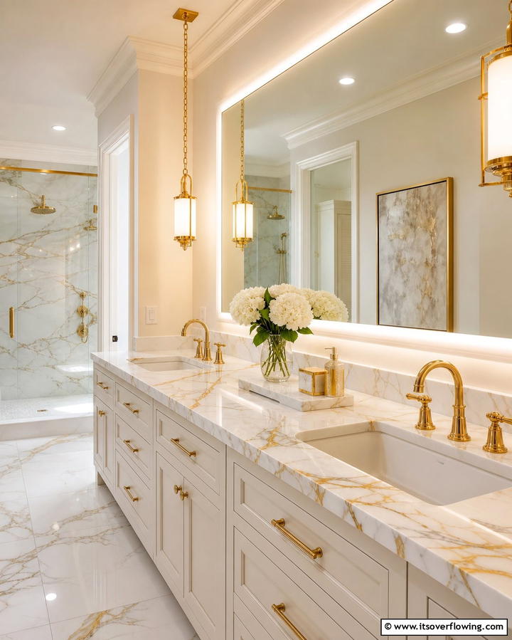 Marble Countertops with Gold Accents - 30 Luxurious Marble Bathroom Ideas for a Spa-Like Retreat