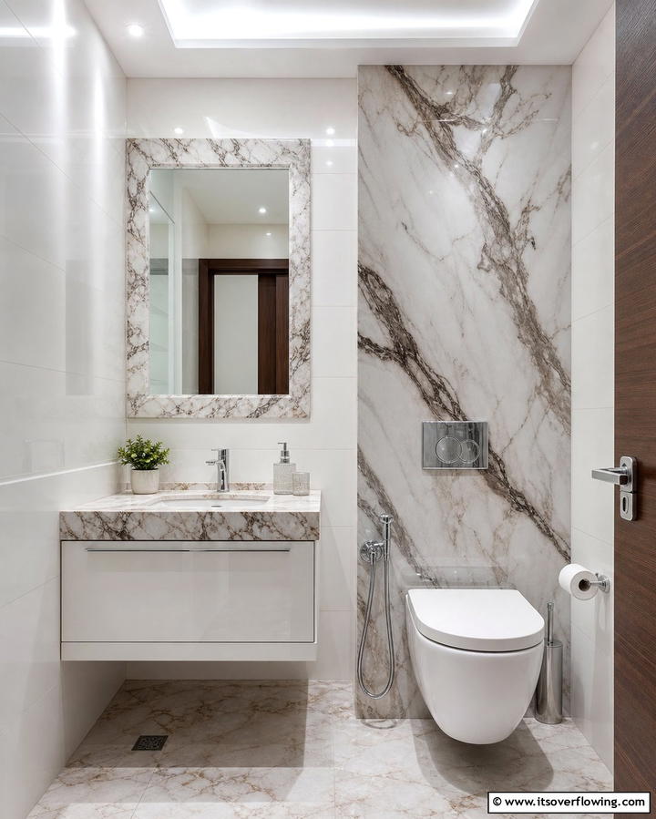 Marble Detailing in a Compact Space - 30 Luxurious Marble Bathroom Ideas for a Spa-Like Retreat