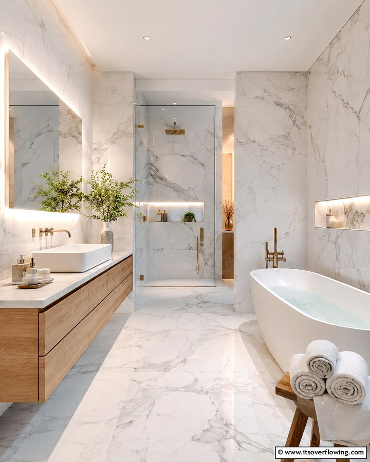 Marble Effect White Tiles - 30 Elegant White Tile Bathroom Design Concepts