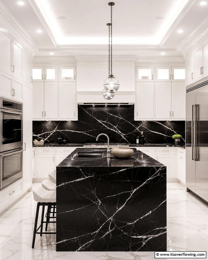 Marble Elegance - 25 Kitchen With Black Backsplash Ideas for Drama