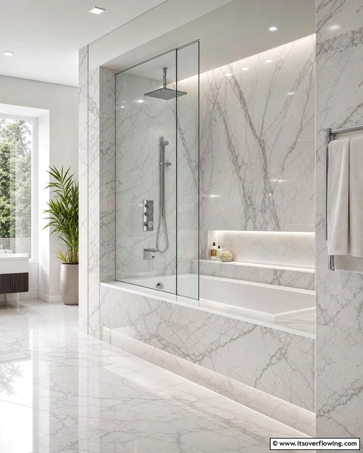 Marble Elegance - 30 Tub-Shower Combo Ideas for Space-Efficient Bathrooms