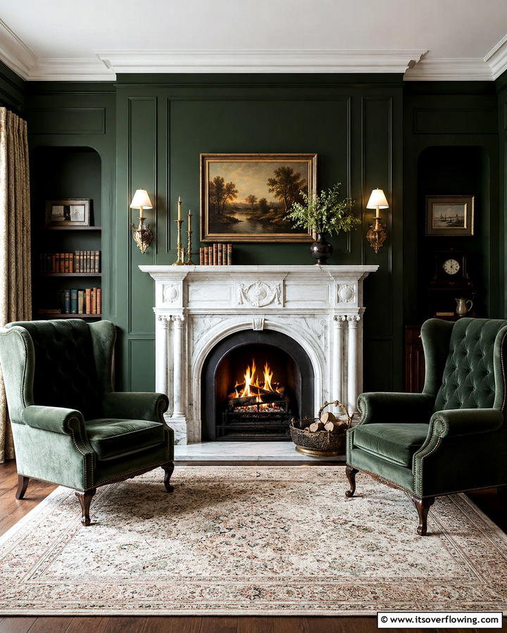 Marble Fireplace Surround - 25 Victorian Dark Green Living Room Ideas for Drama
