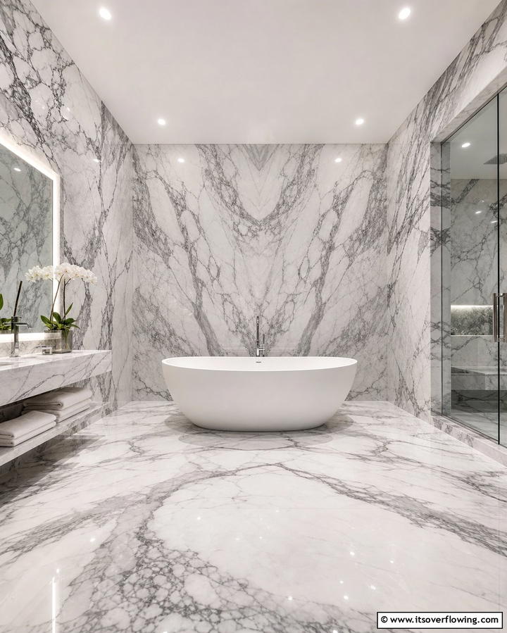 Marble Floor to Ceiling Statement - 30 Luxurious Marble Bathroom Ideas for a Spa-Like Retreat