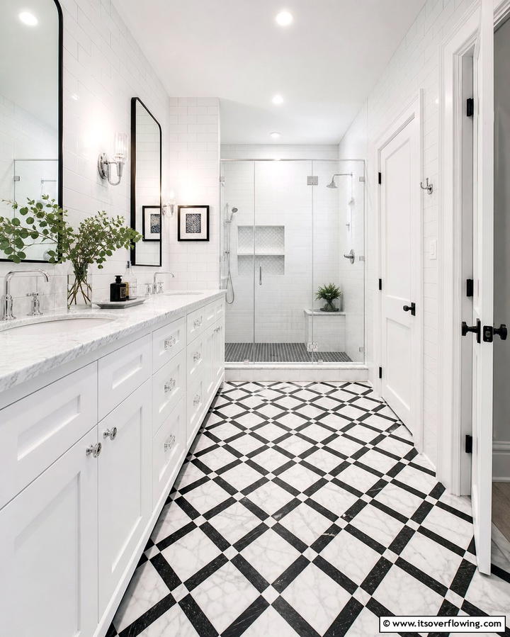 Marble Flooring with Geometric Patterns - 30 Luxurious Marble Bathroom Ideas for a Spa-Like Retreat