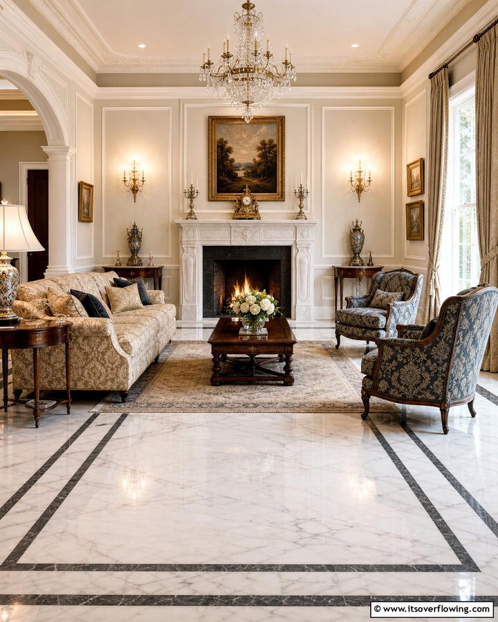 Marble Flooring with Inlaid Borders - 25 Marble Floor Living Room Ideas for a Luxurious Space