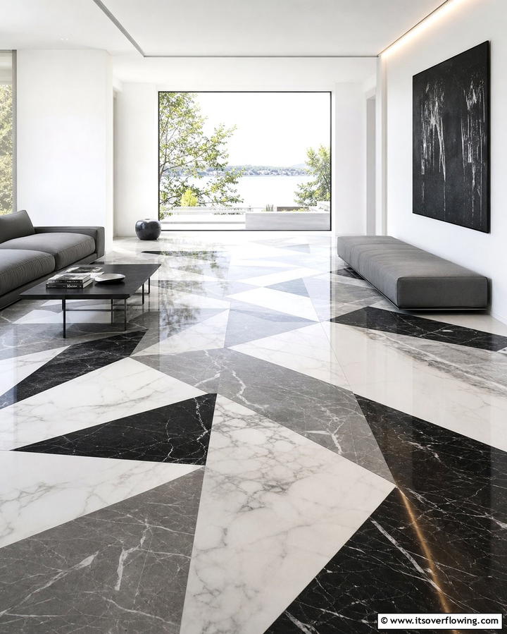 Marble Floors with Geometric Patterns - 25 Marble Floor Living Room Ideas for a Luxurious Space
