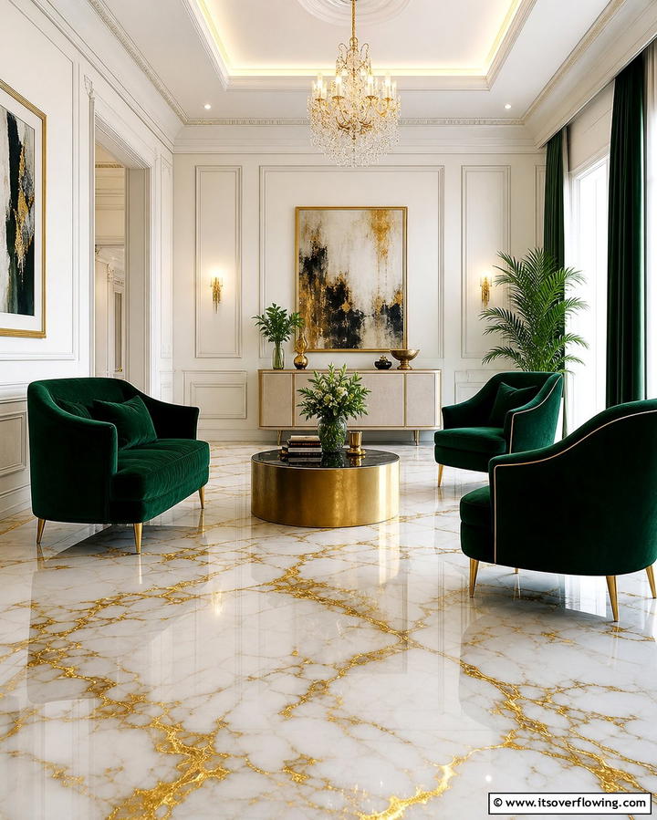 Marble Floors with Gold Veining - 25 Marble Floor Living Room Ideas for a Luxurious Space