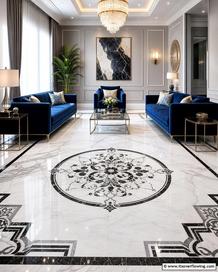 Marble Floors with Mosaic Accents - 25 Marble Floor Living Room Ideas for a Luxurious Space
