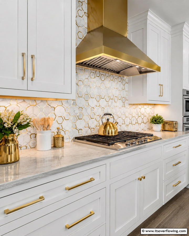 Marble Hexagon Tiles with Gold Inlays - 25 White and Gold Kitchen Backsplash Ideas for Elegance