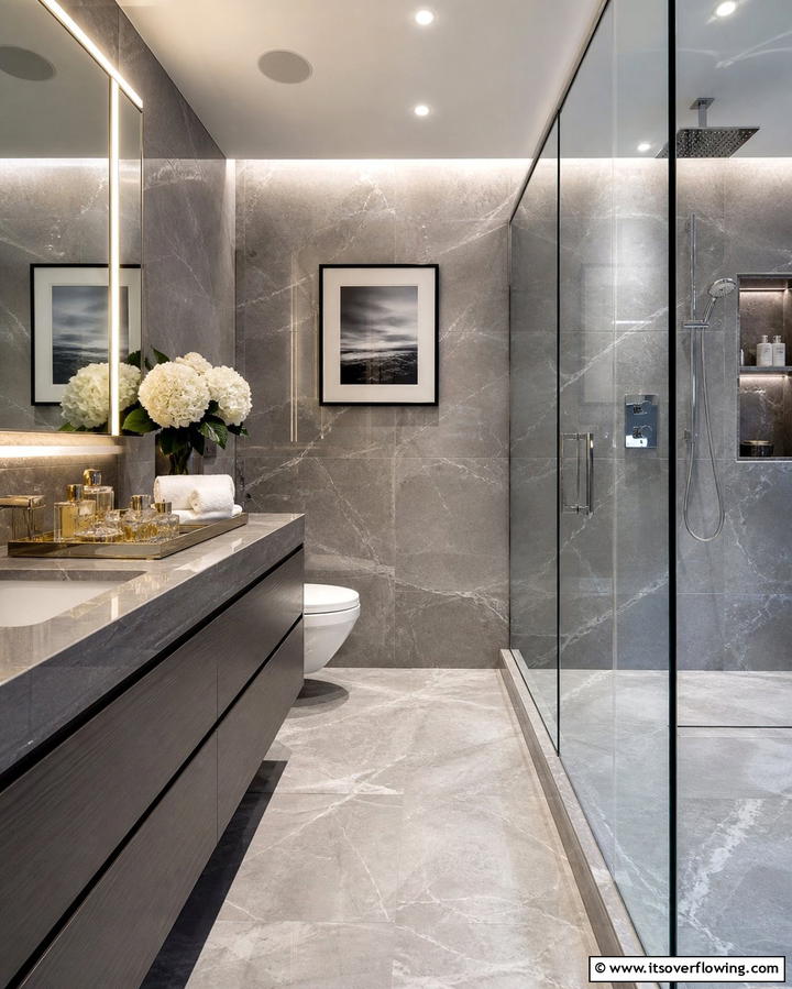 Marble Inspired Grey Bathroom Design - 25 Grey Bathroom Ideas for a Timeless and Elegant Look