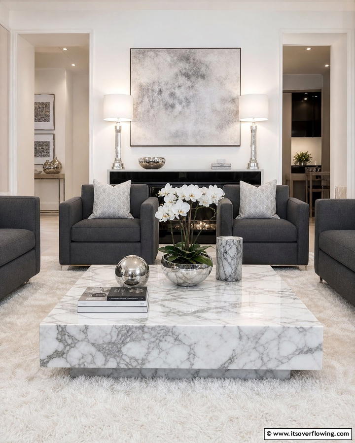 Marble Inspired Grey and White Coffee Table - 25 Grey and White Living Room Ideas for Modern Homes