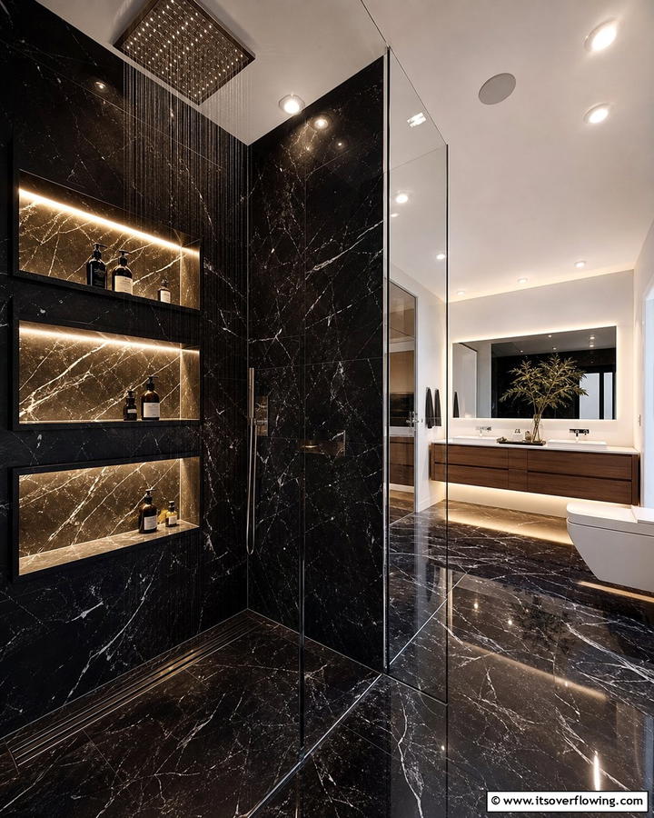 Marble Inspired Niches - 20 Black Marble Bathrooms- Luxurious Design Ideas