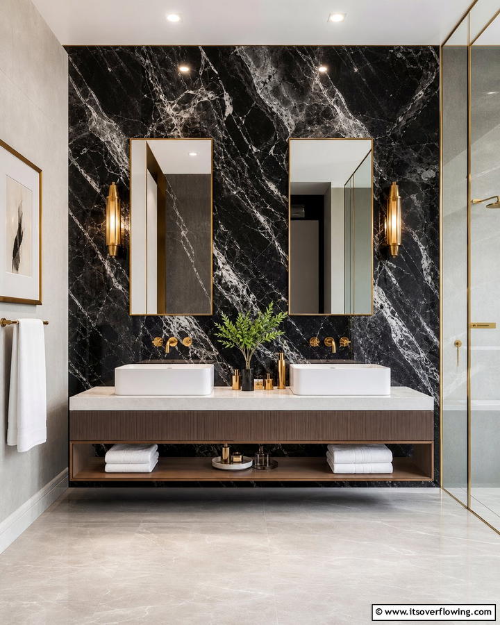 Marble Inspired Statement Walls - 20 Black Marble Bathrooms- Luxurious Design Ideas
