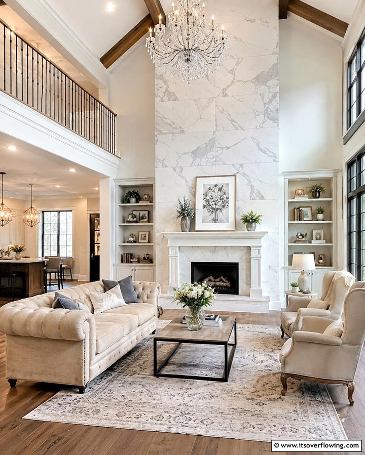Marble Inspired Tiles - 25 Farmhouse Fireplace Tile Ideas for a Rustic Look