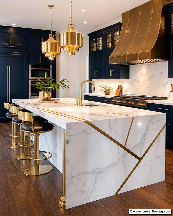 Marble Island with Brass Accents - 25 Marble Kitchen Island Ideas for a Stunning Centerpiece