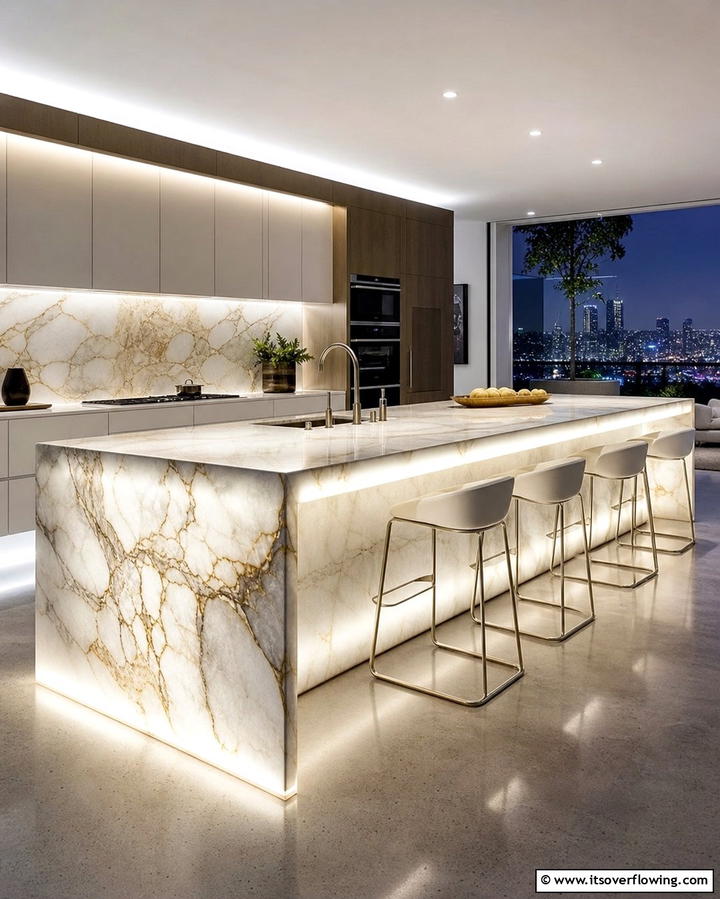 Marble Island with Integrated Lighting - 25 Marble Kitchen Island Ideas for a Stunning Centerpiece