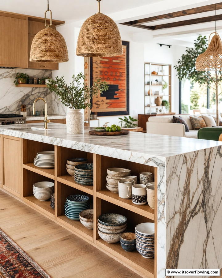 Marble Island with Open Shelving - 25 Marble Kitchen Island Ideas for a Stunning Centerpiece