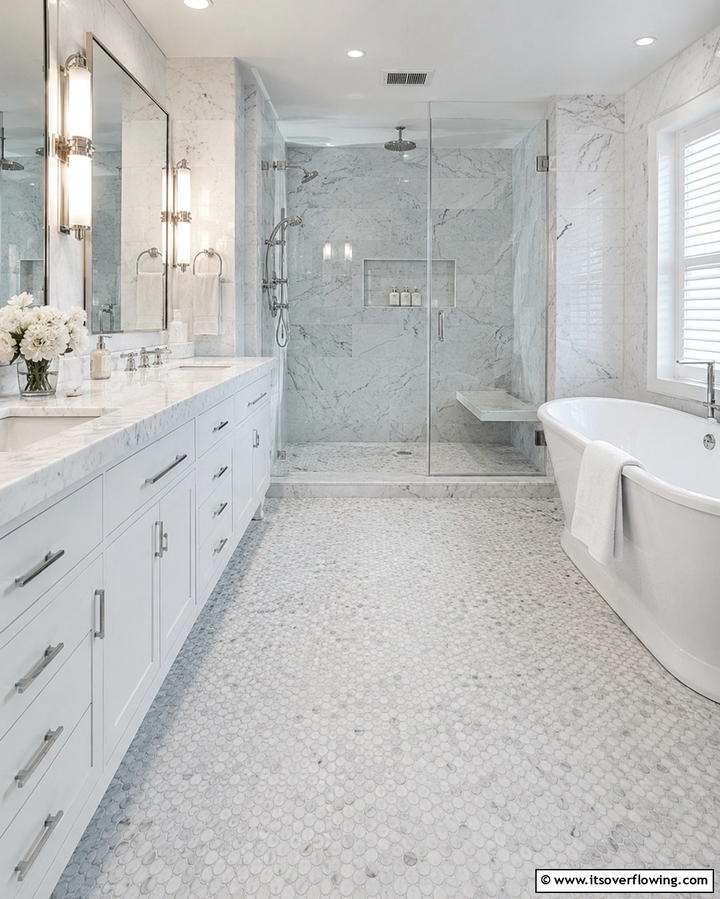 Marble Penny Tile Elegance - 25 Penny Tile Bathroom Floor Ideas for a Unique Look