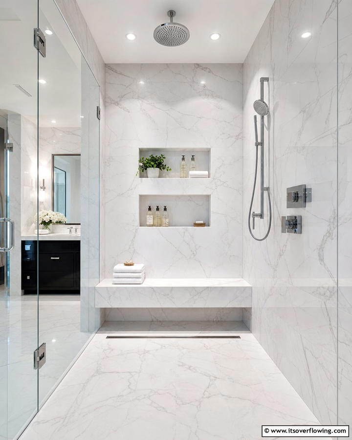 Marble Shower Bench and Storage - 30 Luxurious Marble Bathroom Ideas for a Spa-Like Retreat
