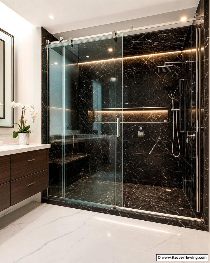 Marble Shower Enclosures - 20 Black Marble Bathrooms- Luxurious Design Ideas