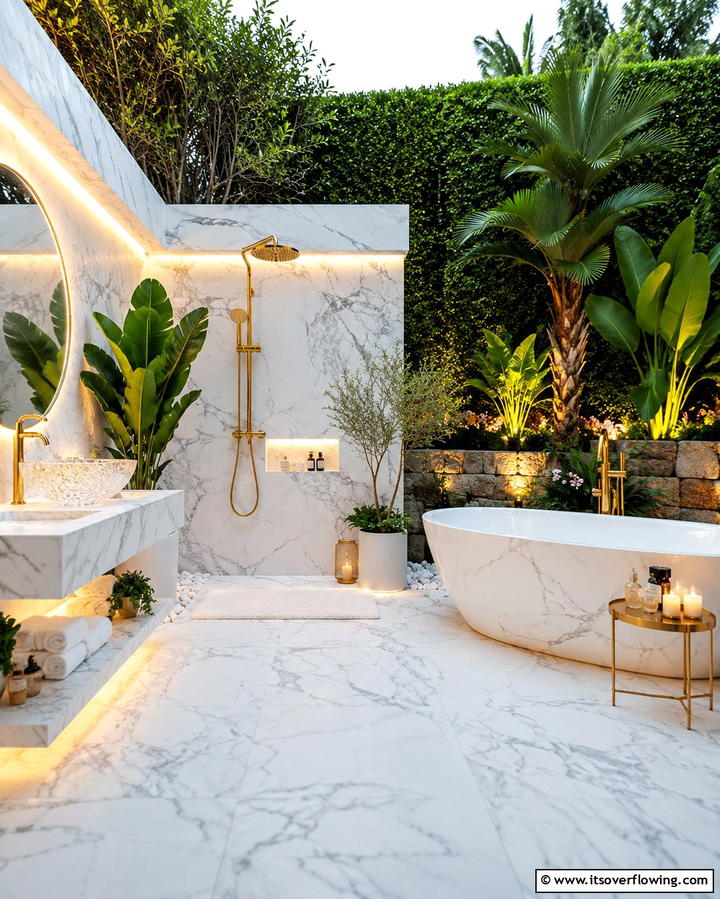 Marble Spa Extravaganza - 30 Outdoor Bathroom Ideas for a Luxurious Backyard Oasis