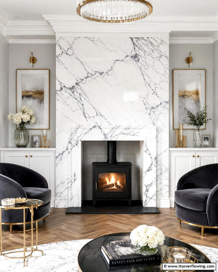 Marble Surround for an Elegant Statement - 30 Cozy Wood Stove Surround Design Inspirations