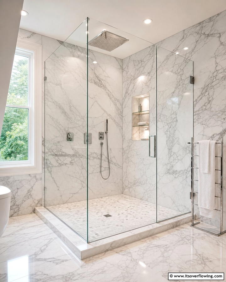 Marble Tiled Walk In Shower - 30 Luxurious Marble Bathroom Ideas for a Spa-Like Retreat