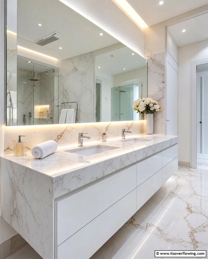 Marble Vanity with LED Lighting - 30 Luxurious Marble Bathroom Ideas for a Spa-Like Retreat