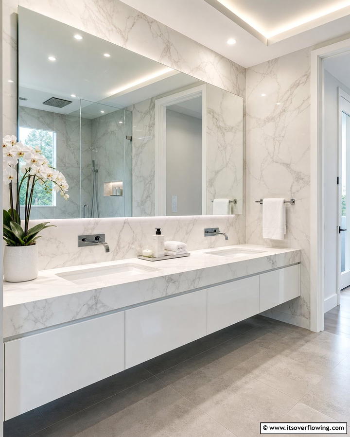 Marble Vanity with Touchless Faucets - 30 Luxurious Marble Bathroom Ideas for a Spa-Like Retreat