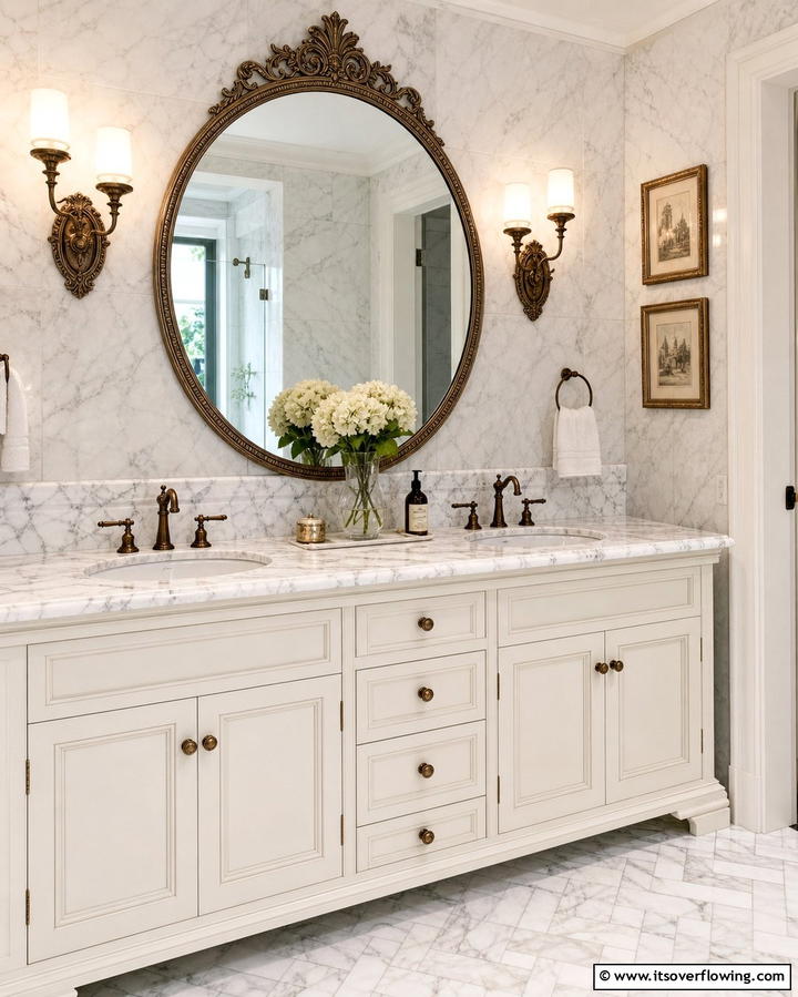 Marble Vanity with Vintage Accents - 30 Luxurious Marble Bathroom Ideas for a Spa-Like Retreat