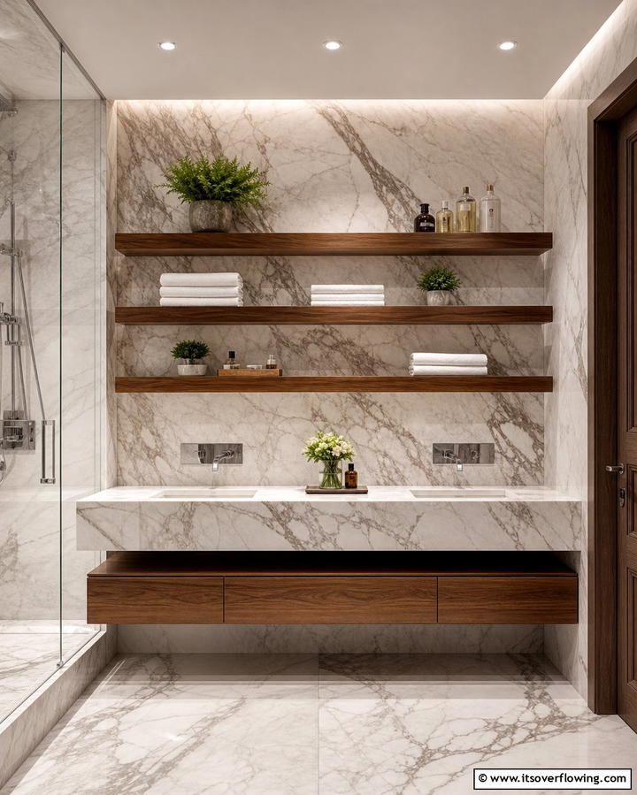 Marble Walls with Open Shelving - 30 Luxurious Marble Bathroom Ideas for a Spa-Like Retreat