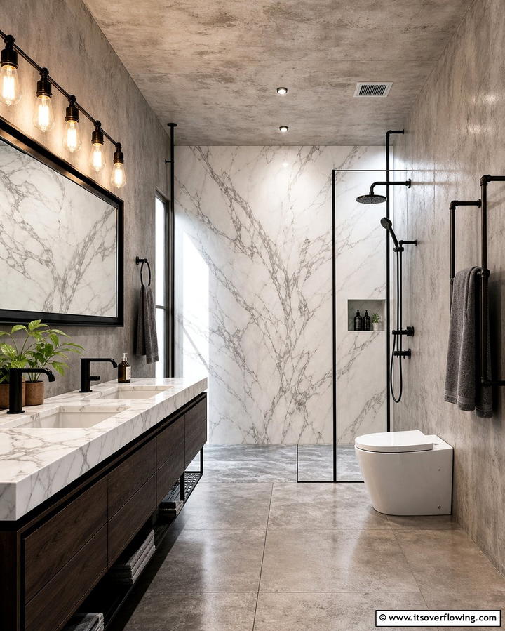 Marble and Concrete Industrial Mix - 30 Luxurious Marble Bathroom Ideas for a Spa-Like Retreat