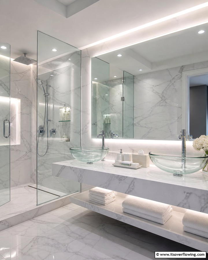 Marble and Glass Element Harmony - 30 Luxurious Marble Bathroom Ideas for a Spa-Like Retreat