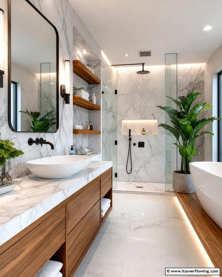 Marble and Wood Blend Bathroom - 30 Luxurious Marble Bathroom Ideas for a Spa-Like Retreat