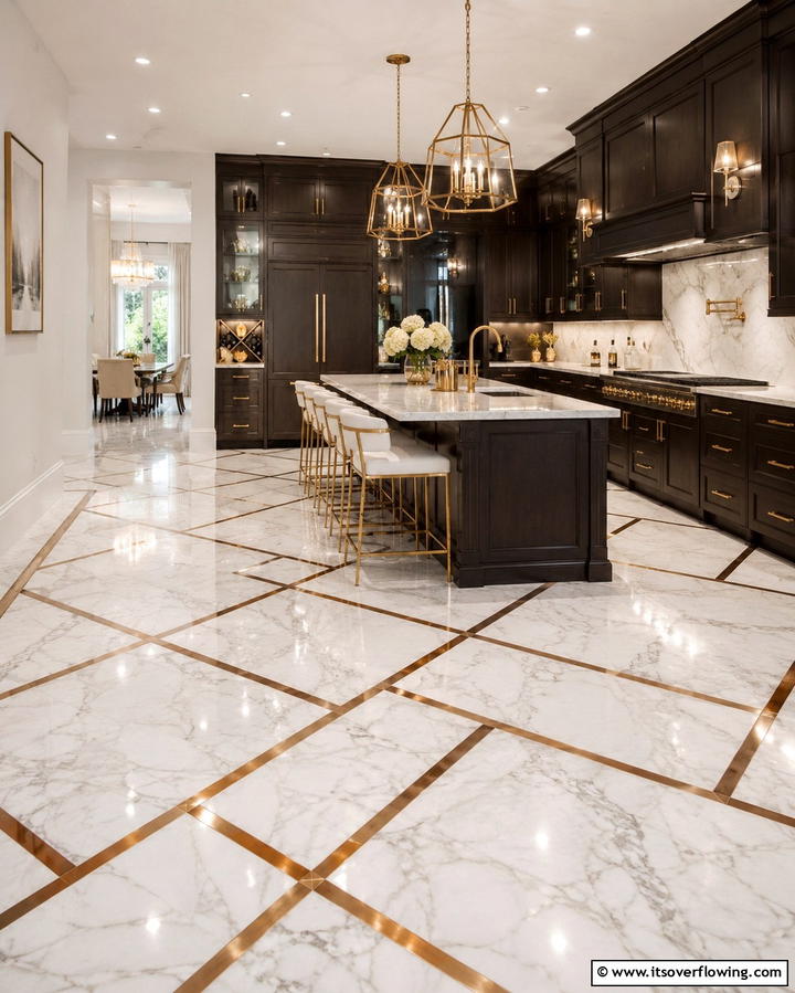 Marble with Metallic AccentsOne - 25 Marble Kitchen Floor Ideas for Timeless Elegance