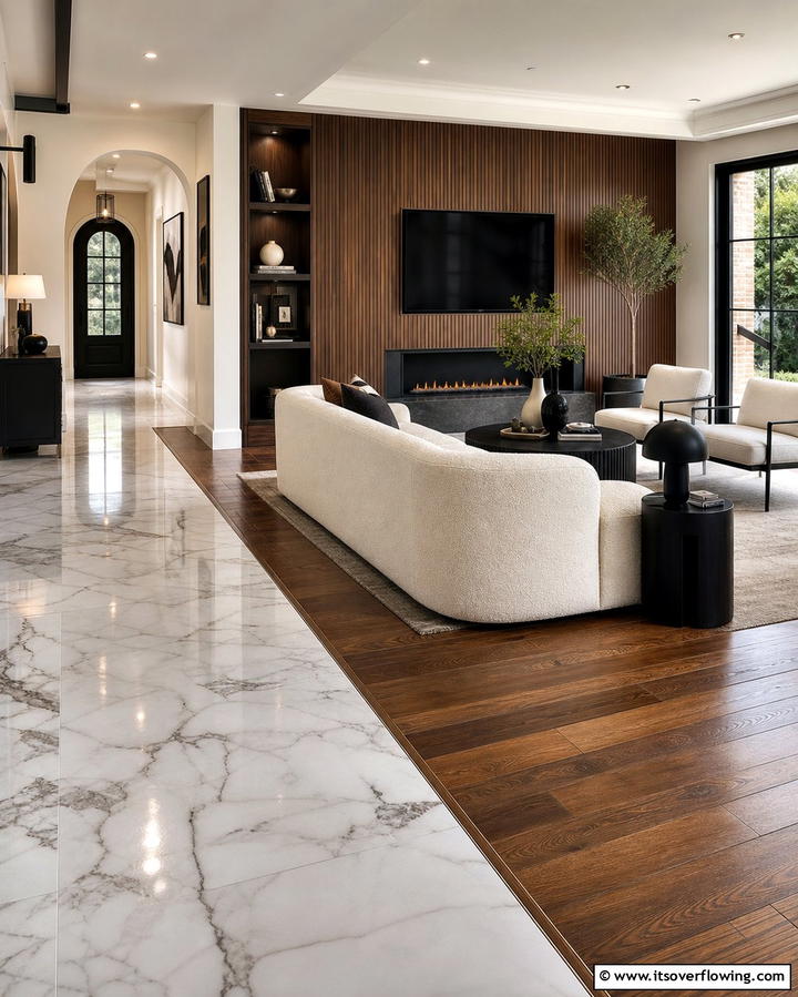 Marble with Wood Accents - 25 Marble Floor Living Room Ideas for a Luxurious Space