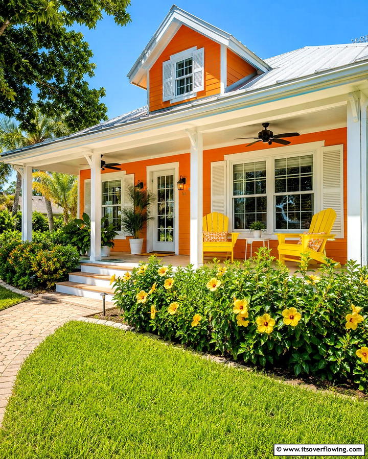 Marigold Orange with White and Yellow Details - 25 Orange House Exterior Ideas for a Bold Look