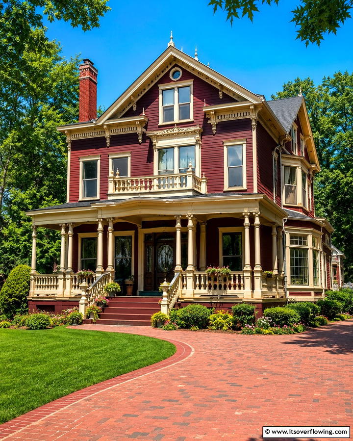 Maroon Red with Cream Trim - 25 Red Home Exterior Ideas to Boost Curb Appeal