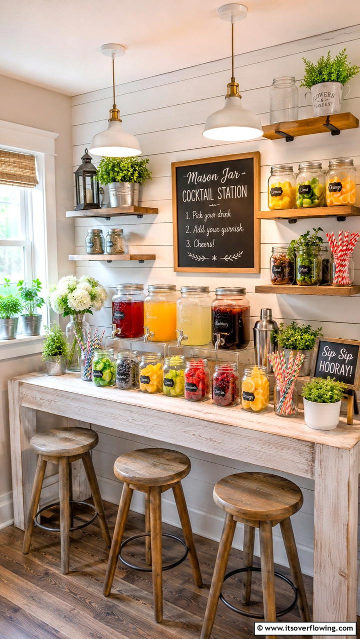 Mason Jar Cocktail Station - 30 Budget-Friendly Home Bar Ideas for Entertaining