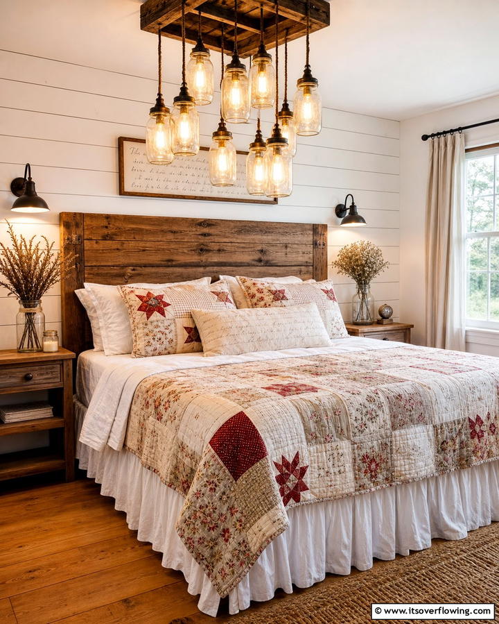 Mason Jar Lighting - 25 Country Bedroom Ideas- Cozy & Rustic Designs