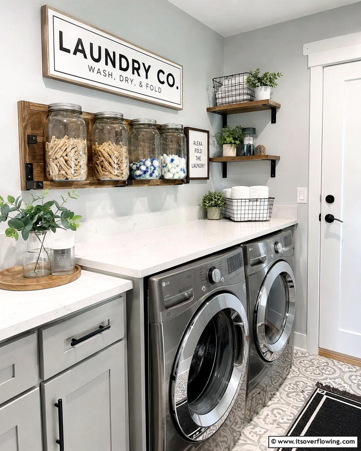 Mason Jar Storage Solutions - 30 Rustic Laundry Room Ideas for Functional Farmhouse Style